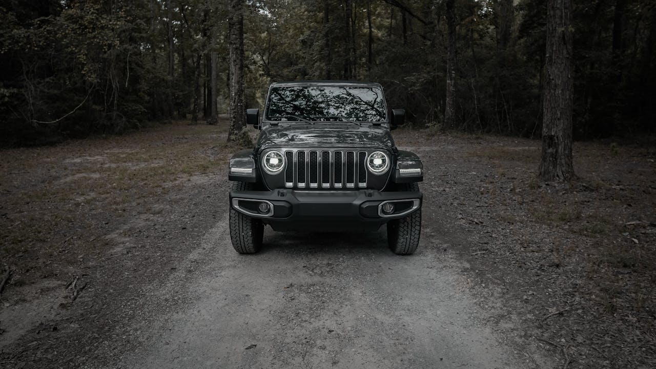 Black Jeep Wrangler on Dirt Road Surrounded by Trees